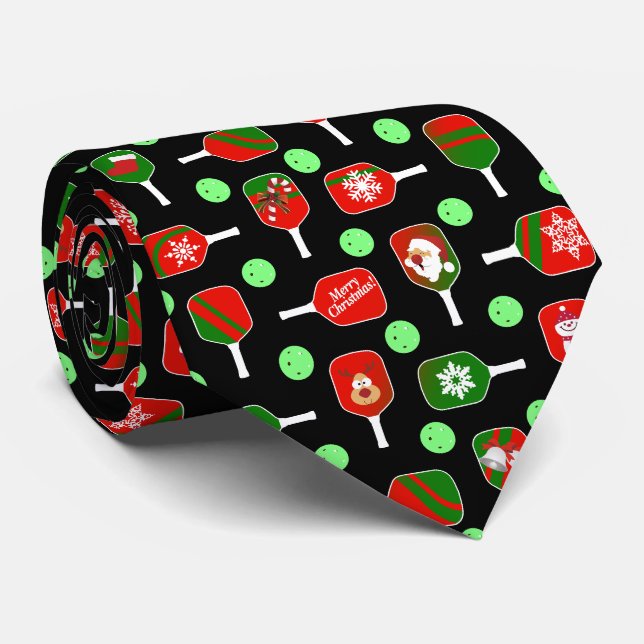 Christmas Pickleball Red Green Paddles Balls Black Krawatte (Gerollt)