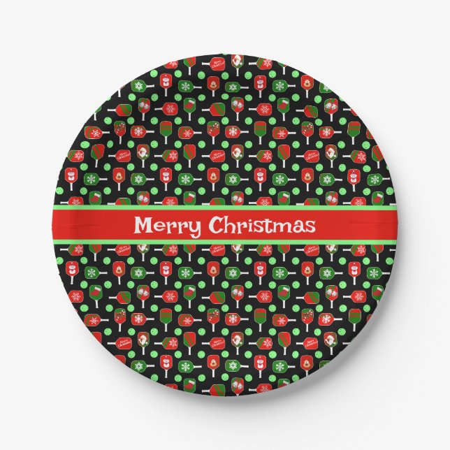 Christmas Pickleball Red Green Paddles Balls Black Pappteller (Vorderseite)