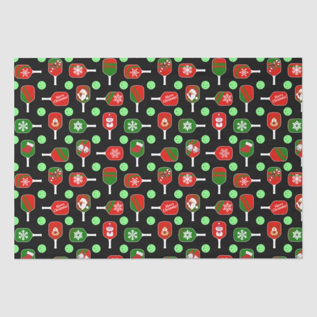 Christmas Pickleball Red Green Paddles Balls Black Seidenpapier (Vorderseite)