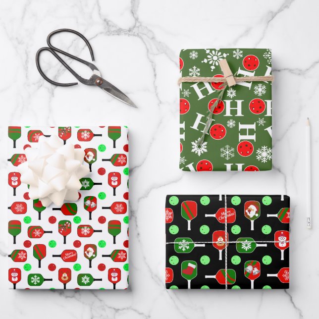 Christmas Pickleball Red Green Paddles Balls Ho Ho Geschenkpapier Set (Vorderseite)
