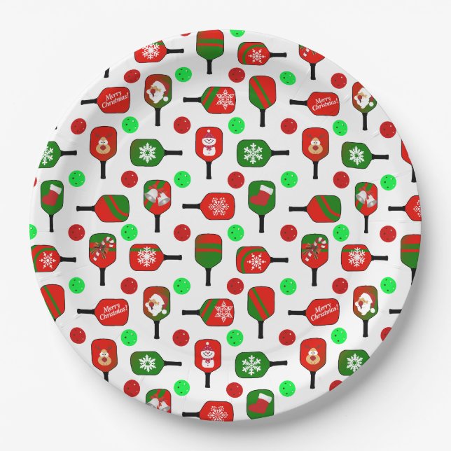 Christmas Pickleball Red Green Paddles Balls X-Mas Pappteller (Vorderseite)