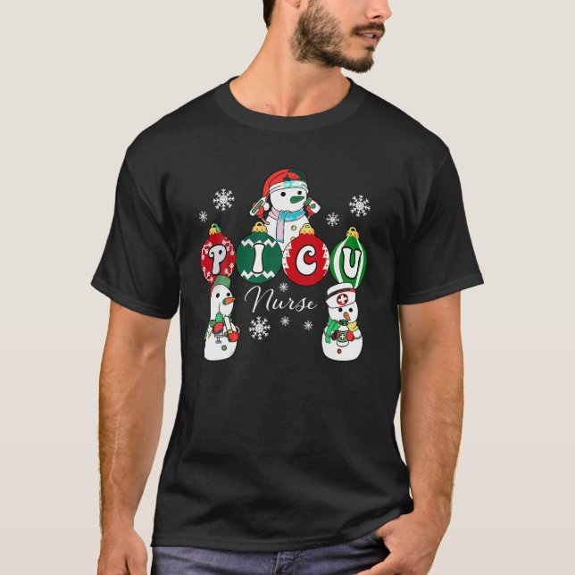 Christmas PICU Nurse Snowman Pediatric ICU Crew Xm T-Shirt (Vorderseite)