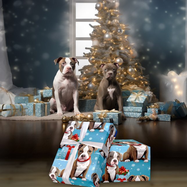 Christmas Piebald PitBull Welppies Red Ribbons Geschenkpapier (Von Creator hochgeladen)