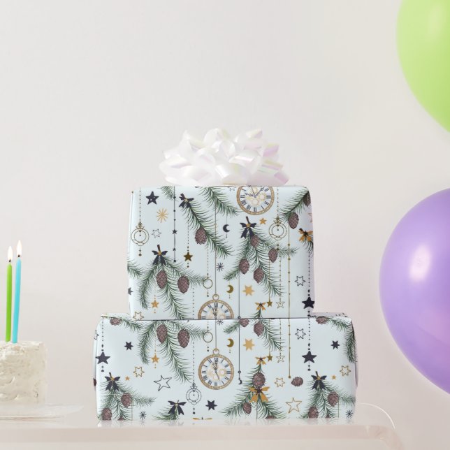 Christmas Pine Branch Clock Star Vintage Geschenkpapier (Partygeschenke)