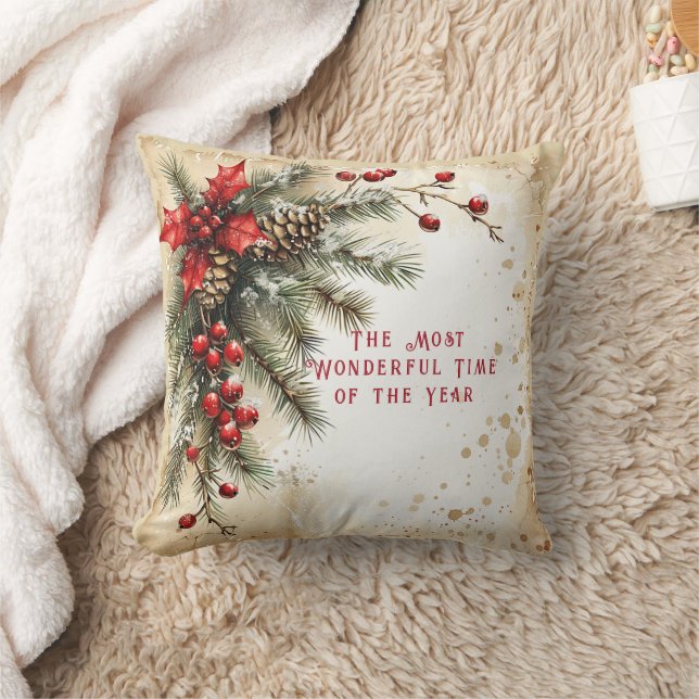 Christmas Pine Cones Holly Red Berries Kissen (Decke)