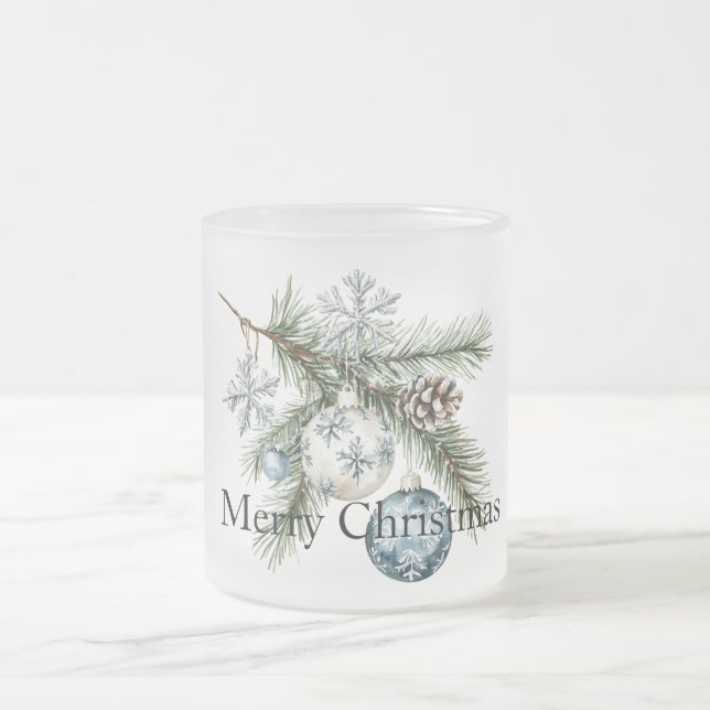 Christmas Pine Tree Branches Blue White Ornaments Mattglastasse (Mittel)