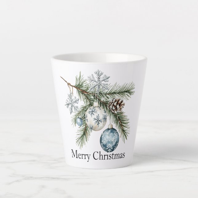 Christmas Pine Tree Snowflake Blue White Ornaments Milchtasse (Vorderseite)