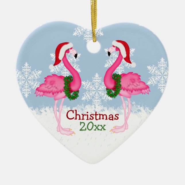 Christmas Pink Flamingo Wearing Santa Hats Keramikornament (Vorne)