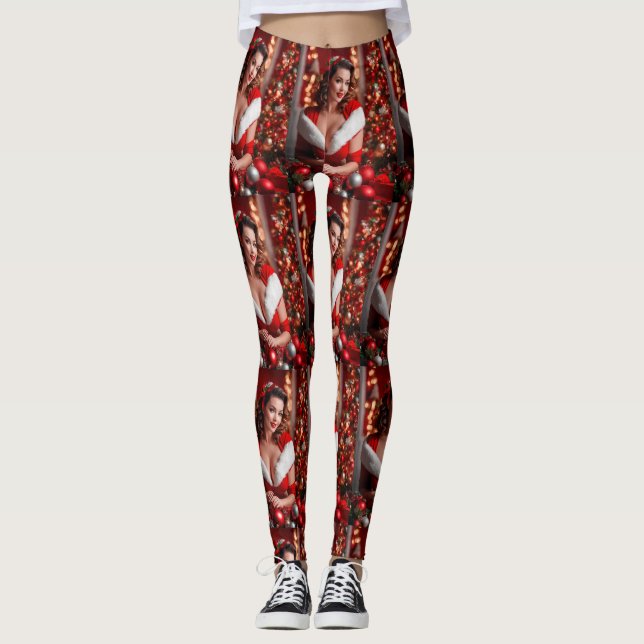 Christmas Pinup Santa Claus Lady Pattern Leggings (Vorderseite)