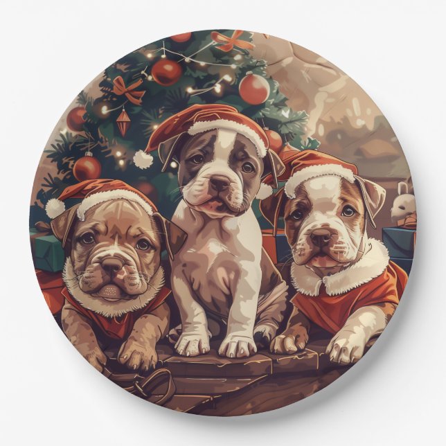 Christmas Pit Bull Puppy Dogs Pappteller (Vorderseite)