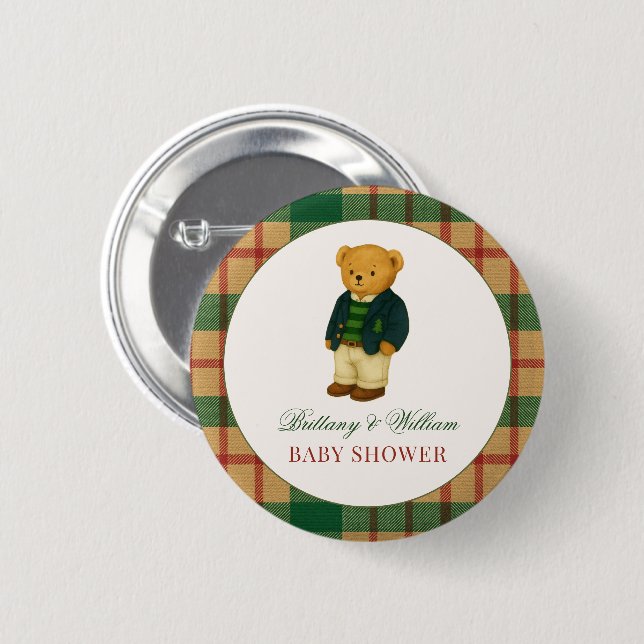 Christmas Plaid Preppy Bear Baby Shower  Button (Vorne & Hinten)