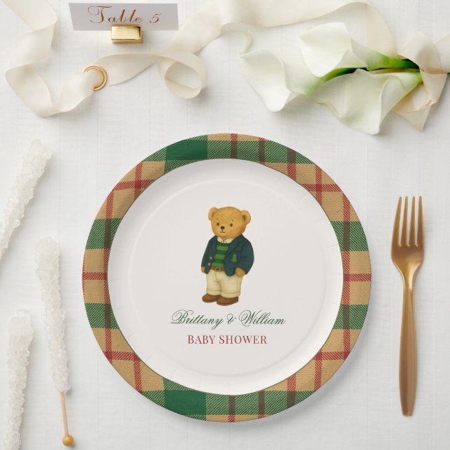 Christmas Plaid Preppy Bear Baby Shower  Pappteller (Hochzeit)