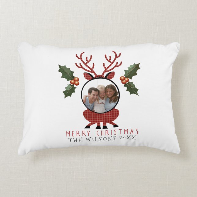 Christmas Plaid Reindeer with Personalized Photo Dekokissen (Vorderseite)