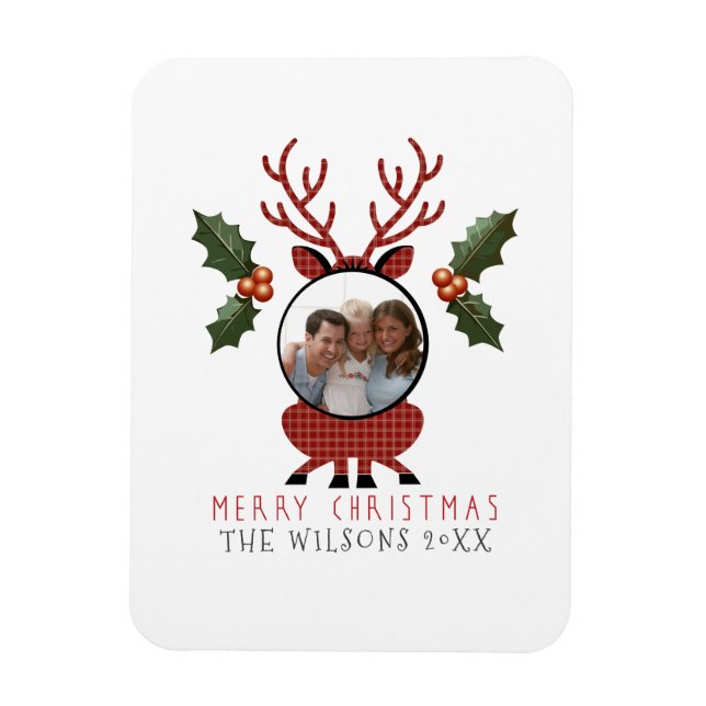 Christmas Plaid Reindeer with Personalized Photo Magnet (Vertikal)