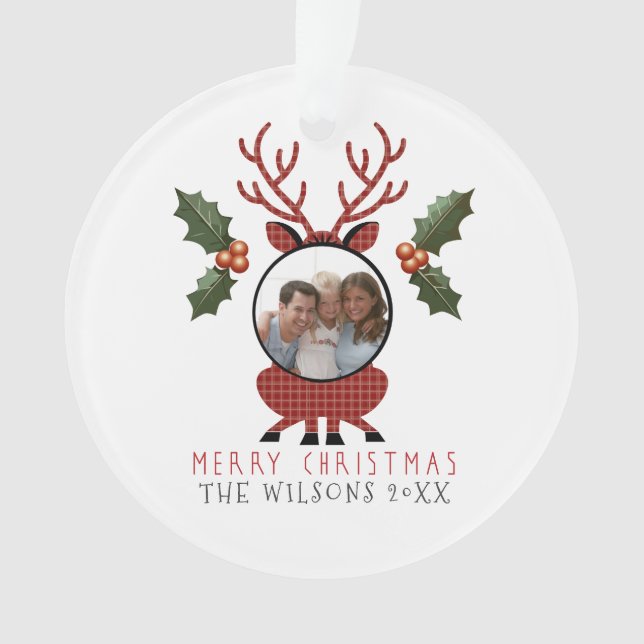 Christmas Plaid Reindeer with Personalized Photo Ornament (Vorderseite)