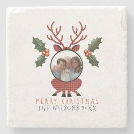 Christmas Plaid Reindeer with Personalized Photo Steinuntersetzer