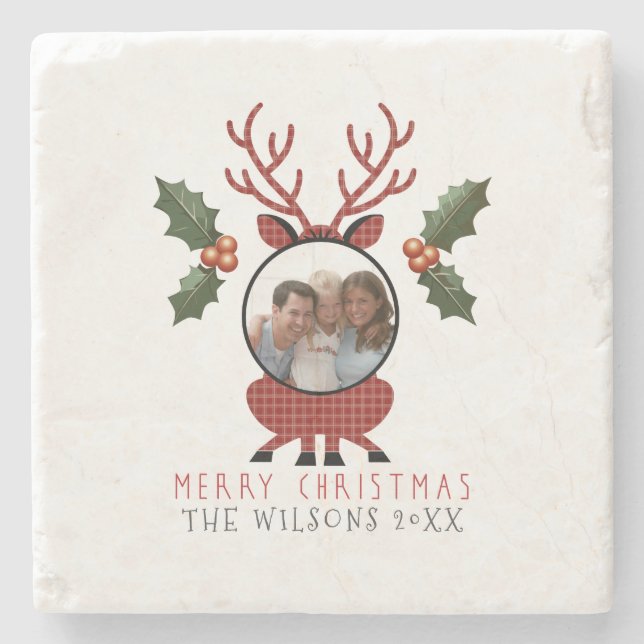 Christmas Plaid Reindeer with Personalized Photo Steinuntersetzer (Vorderseite)