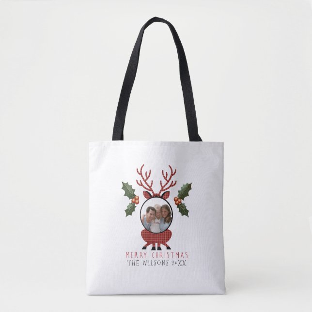 Christmas Plaid Reindeer with Personalized Photo Tasche (Vorderseite)