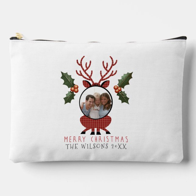 Christmas Plaid Reindeer with Personalized Photo Zubehörtasche (Vorderseite)