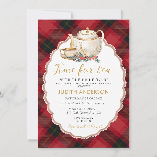 Christmas Plaid Tea Party Bridal Shower Invitation (Devant)