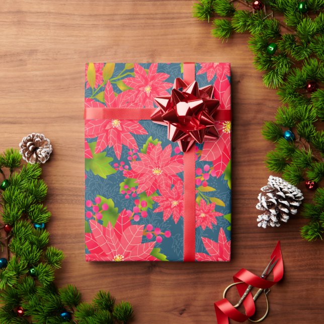 Christmas Poinsettia Blue Geschenkpapier (Feiertagsgeschenk)