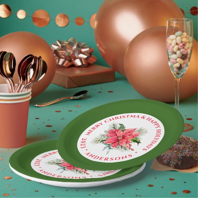 Christmas Poinsettia Bouquet Custom Red Text Pappteller (Multi)