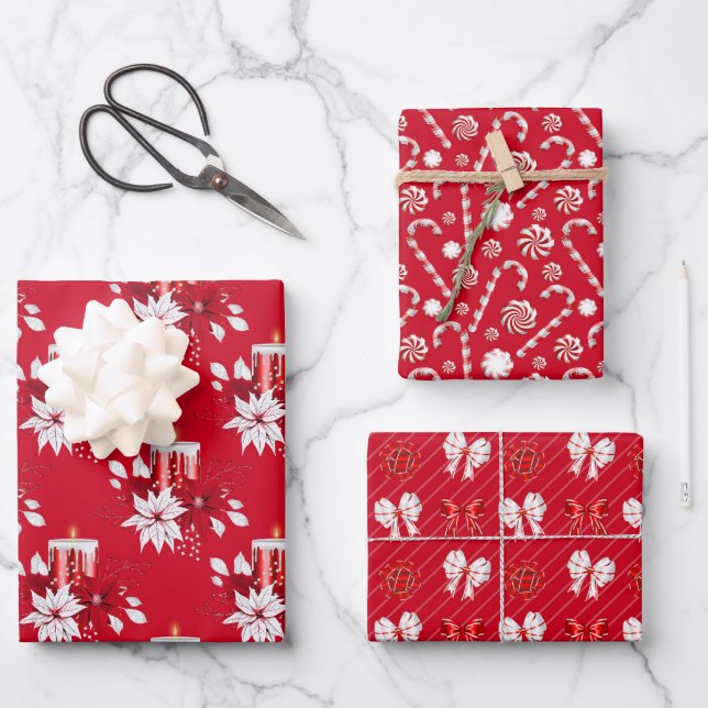 Christmas Poinsettia Bow Candy Cane Candle Red Geschenkpapier Set (Vorderseite)