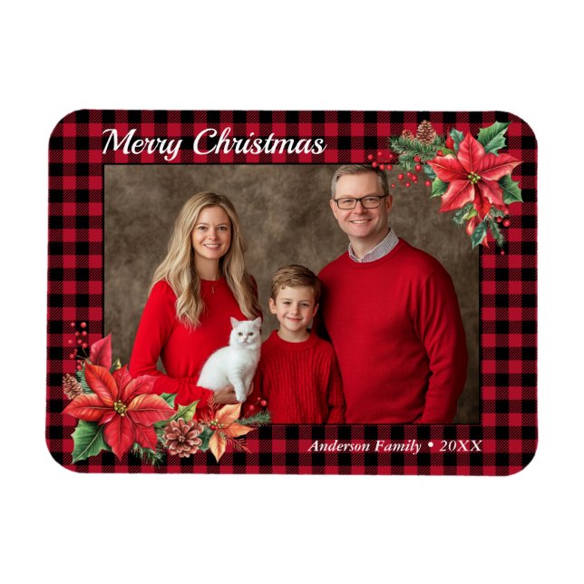 Christmas Poinsettia Buffalo Kariertes Foto Magnet (Horizontal)