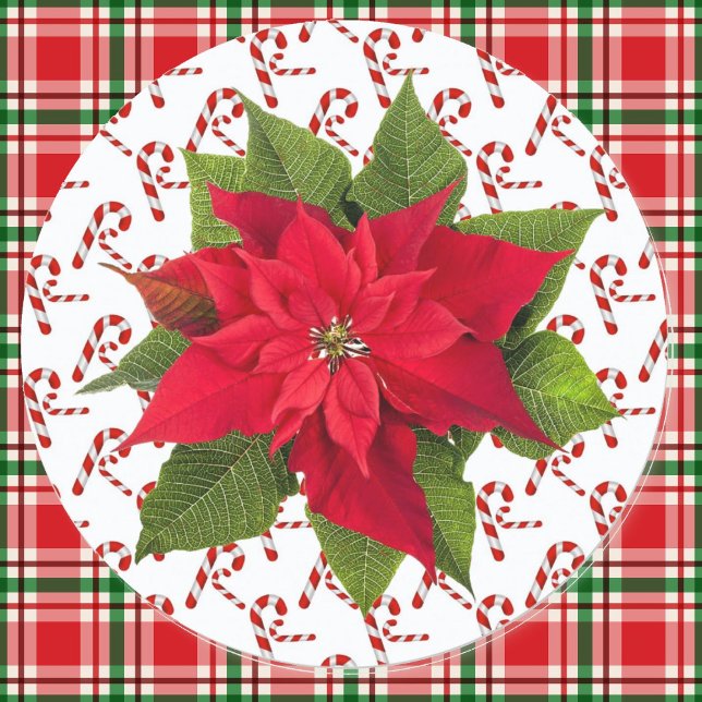 Christmas Poinsettia Candy Canes Umschlag Aufklebe Runder Aufkleber (Von Creator hochgeladen)
