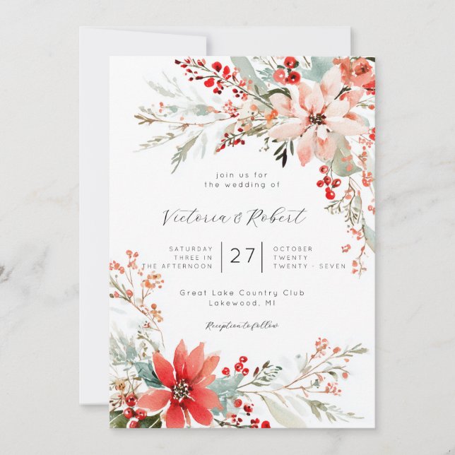 Christmas Poinsettia floral Wedding Invitation (Devant)