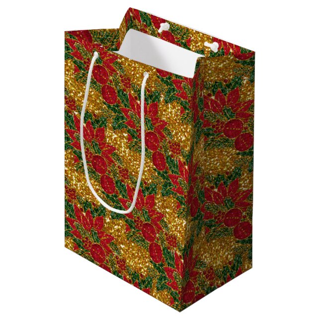 Christmas Poinsettia-GIFT BAG, Gold-M Mittlere Geschenktüte (Vorderseite Schrägansicht)