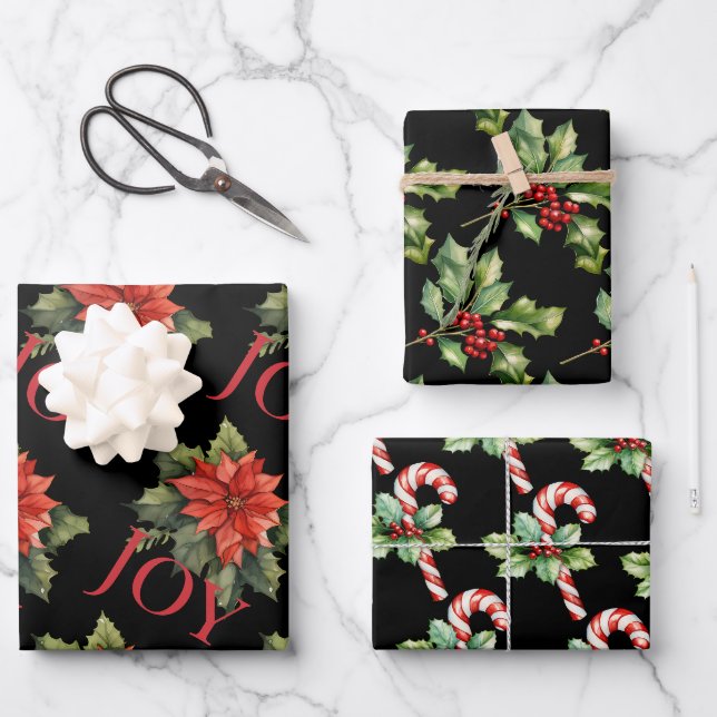 CHRISTMAS POINSETTIA, HOLLY, CANDY CANE on BLACK Geschenkpapier Set (Vorderseite)