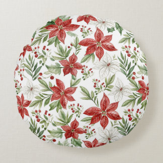 Christmas Poinsettia in Red and White  Rundes Kissen