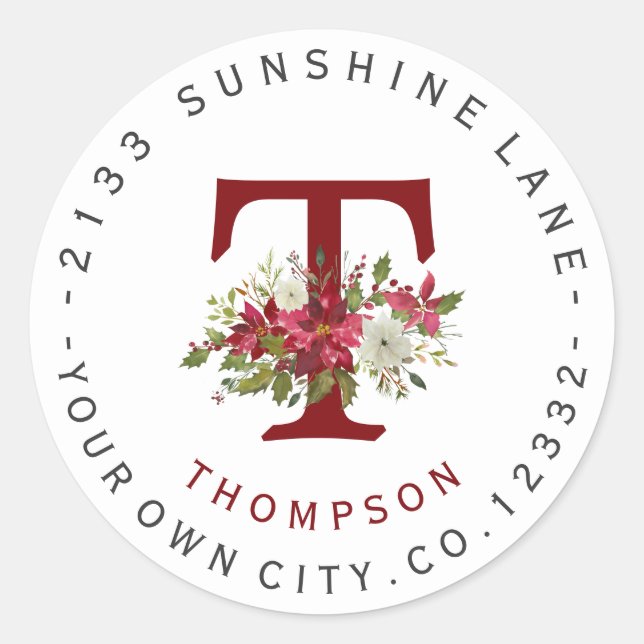 Christmas Poinsettia Monogram Address Label Runder Aufkleber (Vorderseite)