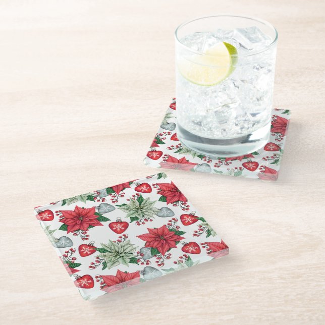 Christmas Poinsettia Pattern Glasuntersetzer (Schrägansicht)