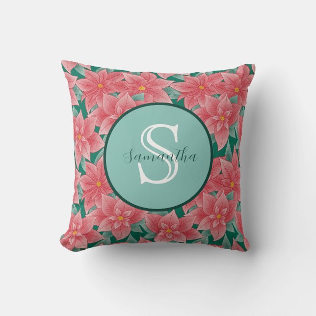 Christmas Poinsettia Personalisiert Monogram Kissen (Vorderseite)