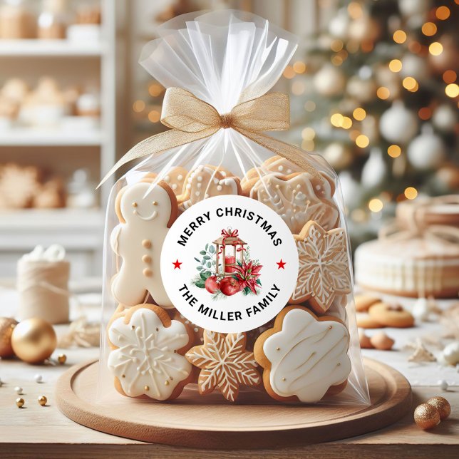 Christmas Poinsettia, Red Apples, Gold Lantern Runder Aufkleber (Von Creator hochgeladen)