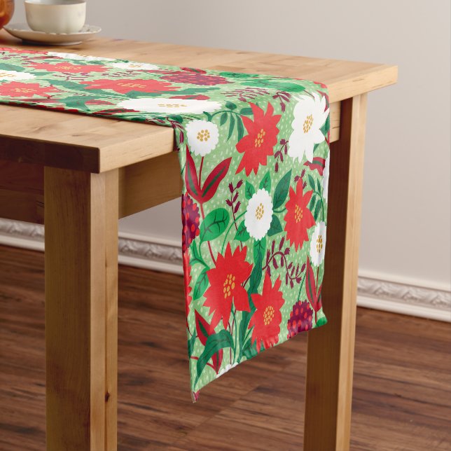 Christmas Poinsettia Red White Floral Monogram Kurzer Tischläufer (Beispiel)