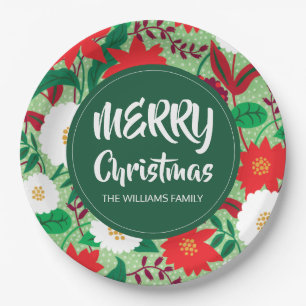 Christmas Poinsettia Red White Floral Monogram Pappteller