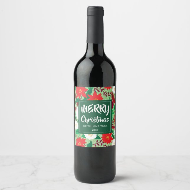 Christmas Poinsettia Red White Floral Monogram Weinetikett (Vorderseite)