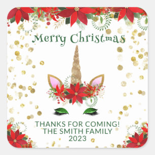 Christmas Poinsettia Unicorn Green Gastgeschenke Quadratischer Aufkleber