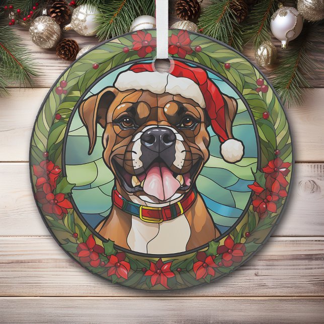 Christmas Poinsettia Weihnachtsmannmütze Boxer Dog Ornament Aus Glas (Von Creator hochgeladen)