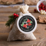 Christmas Poinsettias Holly and Juniper Floral Runder Aufkleber<br><div class="desc">Traditional Christmas foliage of poinsettias and holly leaves with juniper branches and tiny white flowers. Customize the background color and text.</div>