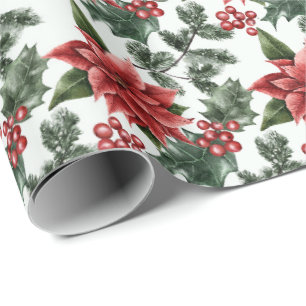 Christmas Poinsettias Holly Berries und Blätter Geschenkpapier