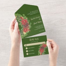 Christmas Poinsettias Wedding Green & Red All In One Einladung