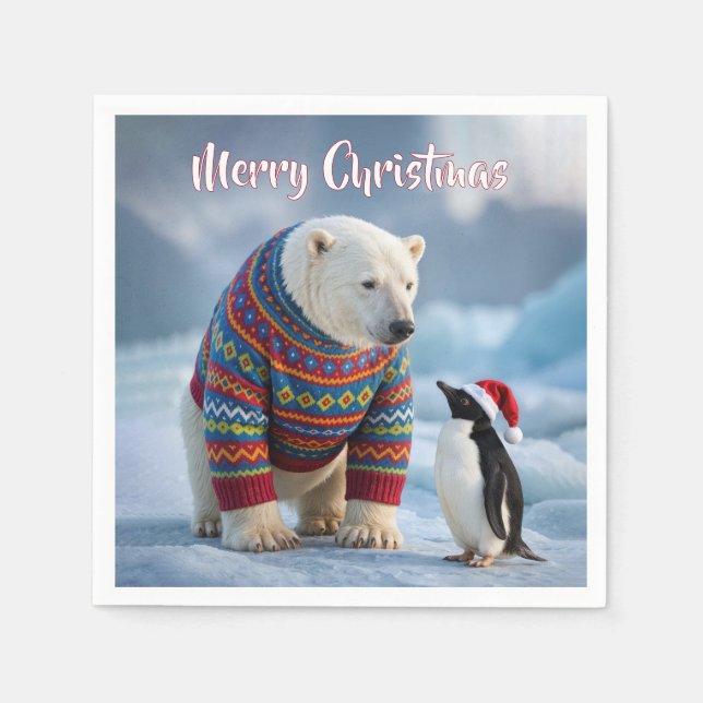 Christmas Polar Bear and Penguin On a Glacier Serviette (Vorderseite)