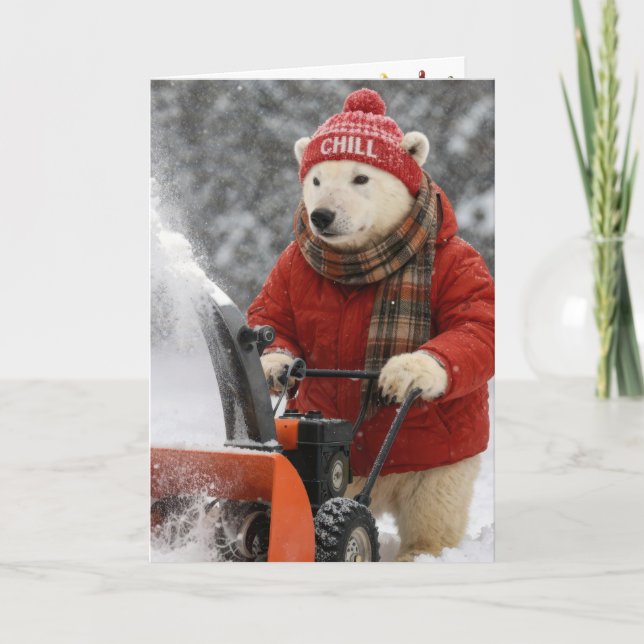 Christmas Polar Bear Pushing a Snowblower Karte (Vorderseite)
