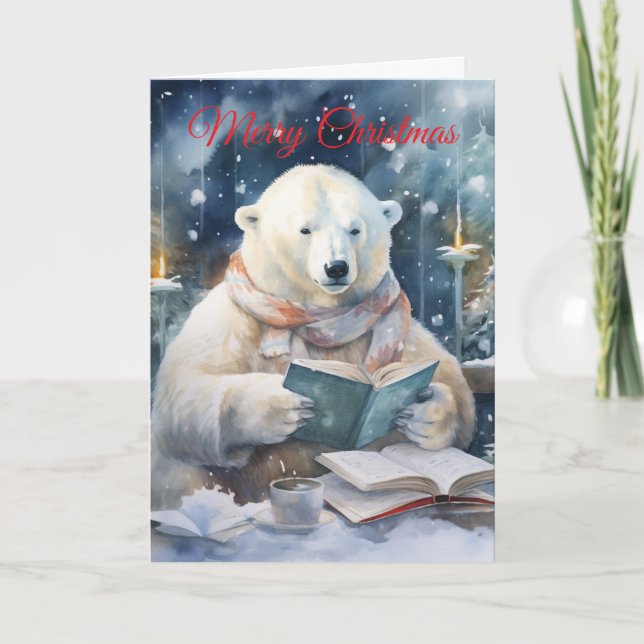 Christmas Polar Bear reading Feiertagskarte (Vorderseite)