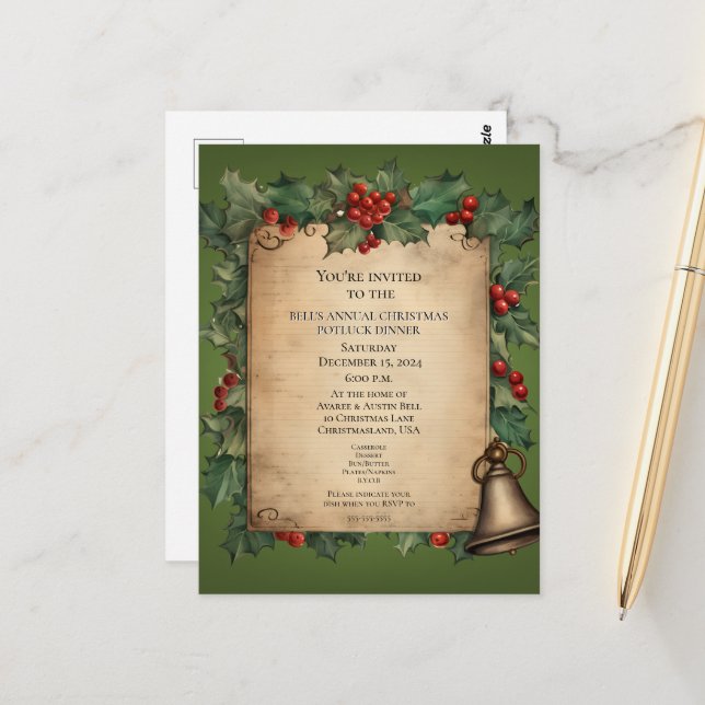 Christmas Potluck Dinner Old World Scroll Einladun Postkarte (Vorderseite/Rückseite Beispiel)