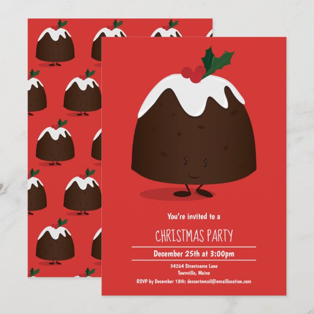 Christmas Pudding Caractère Vacances Invitation (Devant / Derrière)